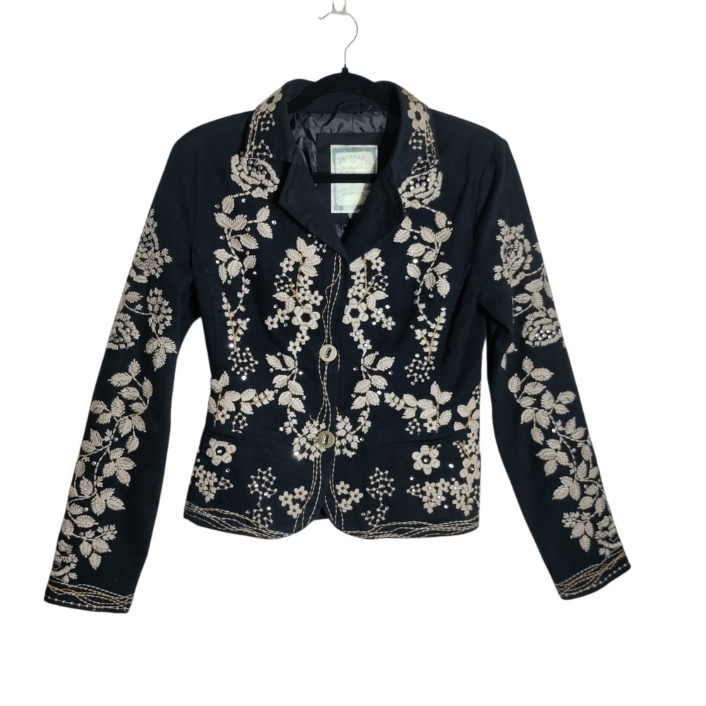 Paparazzi by BIZ Black Floral Embroidered Rhinestone Blazer Jacket Small